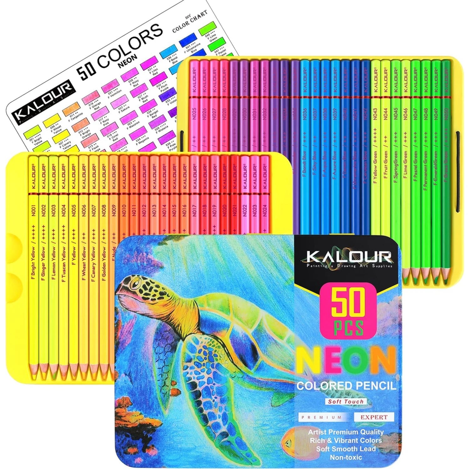 KALOUR 50 Neon Colored Pencils,Fluorescent colored Professional Drawing pencils Set Art Supplies for Adults Artists, Soft Core